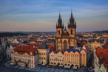 Prague, Czech Republic, street, building, architecture, sunset, rooftops, church, travel photography