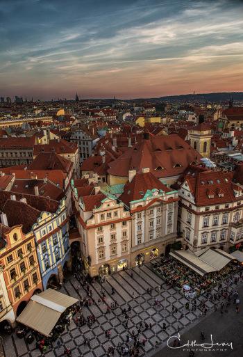 Prague, Czech Republic, street, building, architecture, sunset, rooftops, church, travel photography