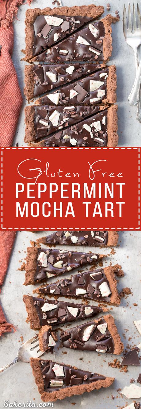This Gluten-Free Peppermint Mocha Tart has a chocolate shortbread crust filled with a luscious peppermint mocha chocolate ganache! This quick + easy dessert is perfect for the holidays.