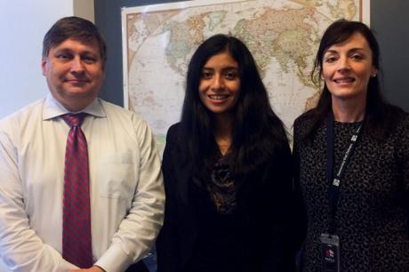 From left: Podcast guest Angela Ospina (center) with hosts Ken Jaques and Julie Johnson