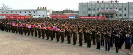 View of participants at a November 23, 2016 army-party solidarity rally in Kangryo'ng County, South Hwanghae, marking the 6th anniversary of the artillery shelling of Yo'npyo'ng Island ROK which appeared on the bottom right of the front page of the November 24, 2016 edition of the WPK daily newspaper Rodong Sinmun (Photo: Rodong Sinmun).