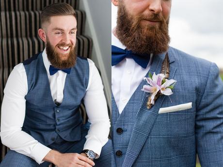 Portrait of hipster groom with beard, undercut hair style, prince of whales blue suit. 
