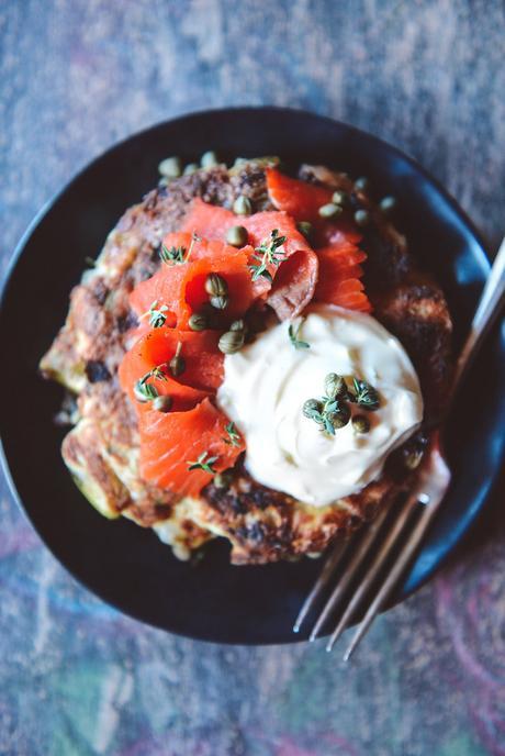 What To Make With Leftover Stuffing: Stuffing Latkes with Salmon, Crème Fraîche & Capers // www.WithTheGrains.com