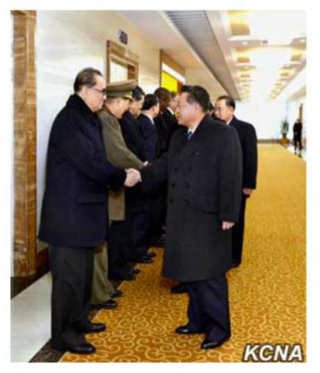 WPK Vice Chairman and State Affairs Commission Vice Chairman Choe Ryong Hae (right) shakes hands with WPK Vice Chairman for International Affairs and State Affairs Commission Member Ri Su Yong, prior to departing Pyongyang Airport for Havana on November 28, 2016 (Photo: KCNA).