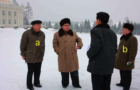 Kim Jong Un visits the area near the KJI statue in Samjiyo'n County, Yanggang Province.  Also in attendance are Yanggang WPK Provincial Committee Chairman Ri Sang-wo'n [a] and WPK Vice Chairman and SAC Vice Chairman Ch'oe Ryong-hae [b] (Photo: Rodong Sinmun).