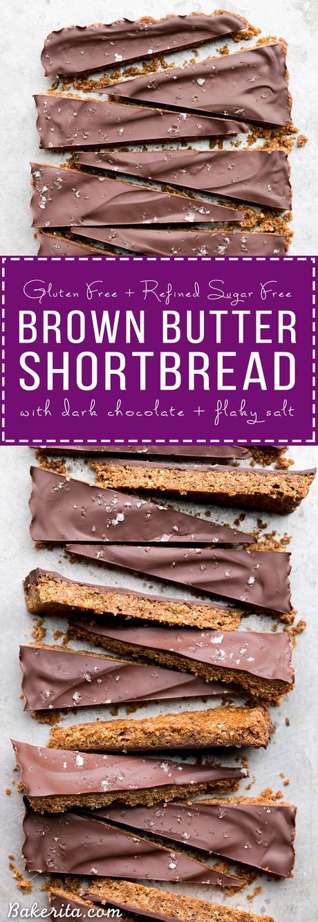 These Brown Butter Shortbread are crisp and buttery with dark chocolate + flaky sea salt on top. These gluten free & refined sugar free cookies melt in your mouth and make the perfect addition to your holiday cookie tray!