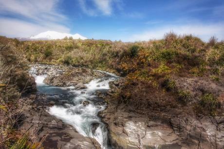 Mahuia Rapids, with Mt Ruapehu in the background. Tongariro National Park, North Island, NZ. Image: Su Leslie, 2016