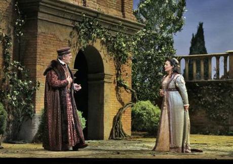 Dom,ingo as Boccanegra, with Lianna Haroutounian as Amelia, in the Recognition Scene, Act I, scene i (Photo: Ken Howard / Met Opera)