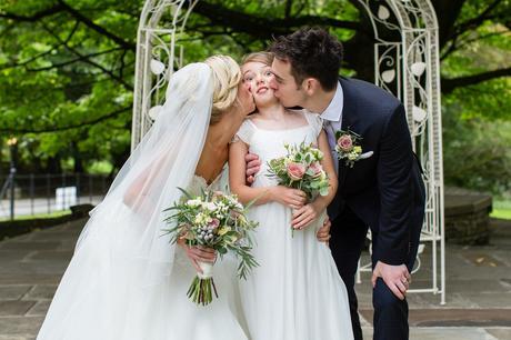 Bride & groom kiss daughter Tips for Children at Weddings