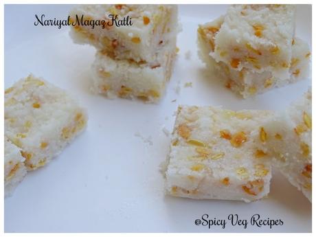 Nariyal Magaz Katli is a very popular Indian sweet dishes, generally prepared for Laddu Gopal (Lord Krishna) on the occasion of Janmashtami. Paag, Paak,Recipes, Indian Cuisine, Festivals N Occasions, Vrat Recipes, janmashtami, chikki, Homemade, coconut recipes, melon recipes,