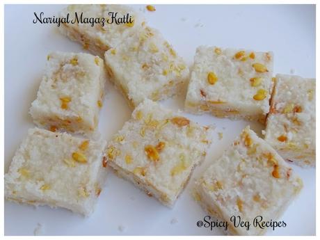 Nariyal Magaz Katli is a very popular Indian sweet dishes, generally prepared for Laddu Gopal (Lord Krishna) on the occasion of Janmashtami. Paag, Paak,Recipes, Indian Cuisine, Festivals N Occasions, Vrat Recipes, janmashtami, chikki, Homemade, coconut recipes, melon recipes,