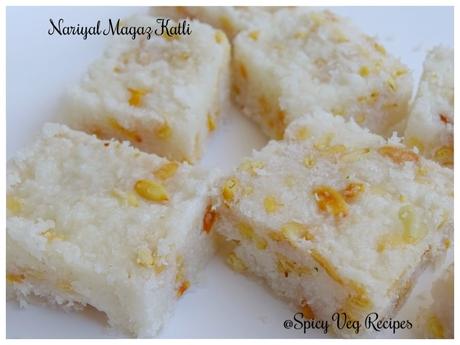 Nariyal Magaz Katli is a very popular Indian sweet dishes, generally prepared for Laddu Gopal (Lord Krishna) on the occasion of Janmashtami. Paag, Paak,Recipes, Indian Cuisine, Festivals N Occasions, Vrat Recipes, janmashtami, chikki, Homemade, coconut recipes, melon recipes,