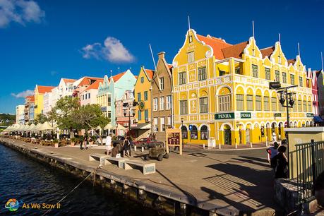 Waterfront has bars and beautiful buildings