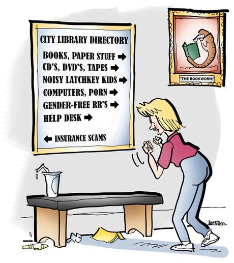 woman at public library looking at directory sign showing books, CDs, DVDs, latchkey kids, computers, pornography, gender-free restrooms, help desk, insurance scams
