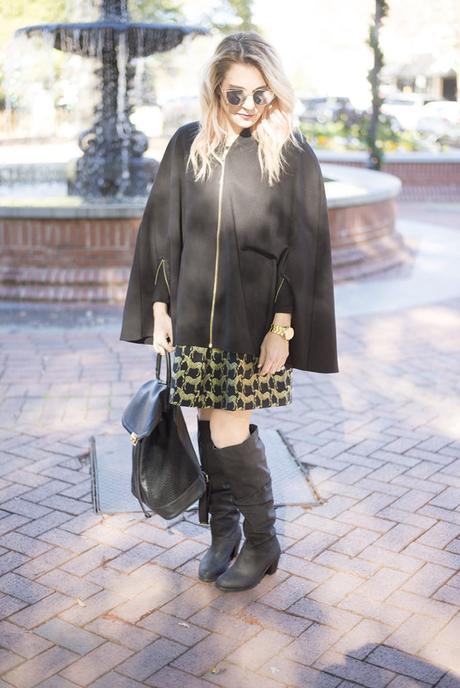 holiday outfit ideas; mix black and gold and buy pieces that you can wear all year round instead of just seasonally. This specific holiday fashion look with Crown & Ivy skirt and poncho are perfect! 