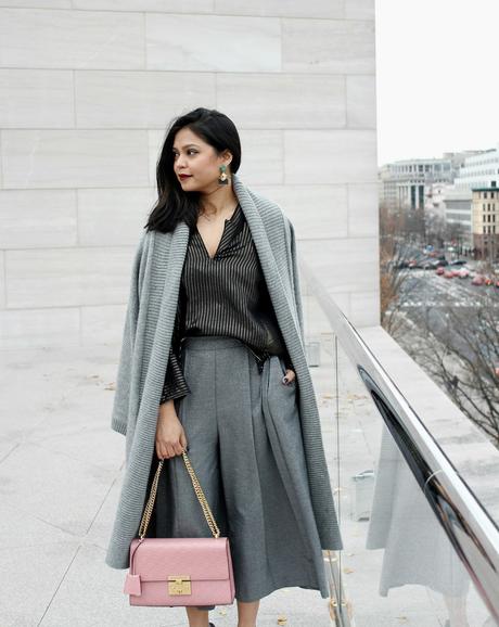 rey gap duster cardigan, zara shiny culottes, bow heels, shiny black shirt 