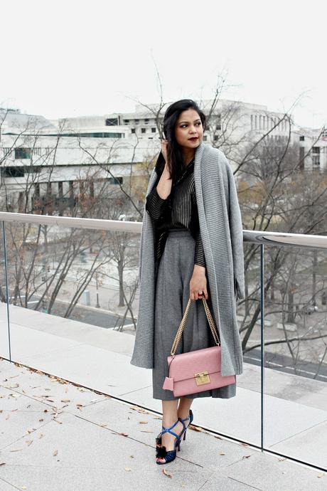 rey gap duster cardigan, zara shiny culottes, bow heels, shiny black shirt 