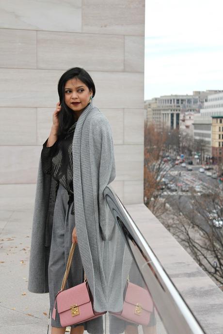 rey gap duster cardigan, zara shiny culottes, bow heels, shiny black shirt 