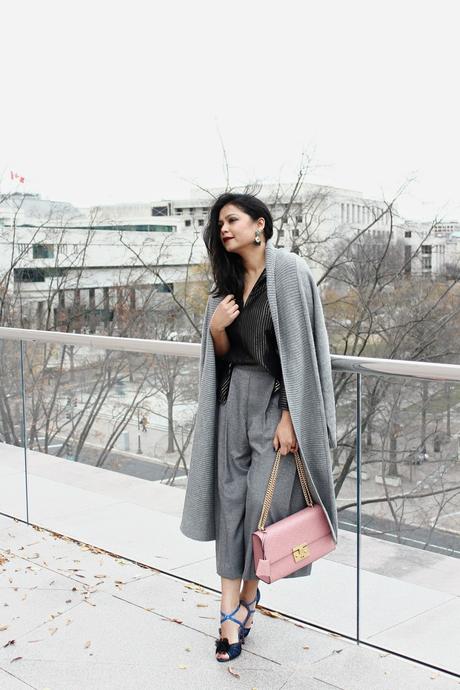 grey gap duster cardigan, zara shiny culottes, bow heels, shiny black shirt 