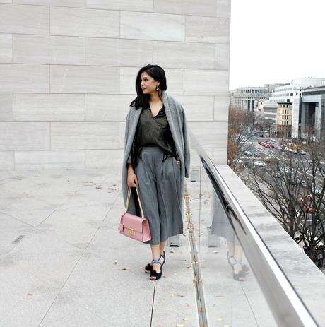 rey gap duster cardigan, zara shiny culottes, bow heels, shiny black shirt 