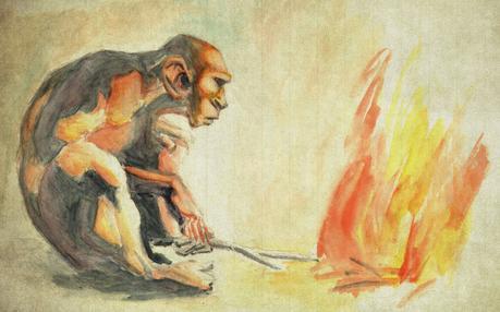 Image of a caveman and a fire done in chalk