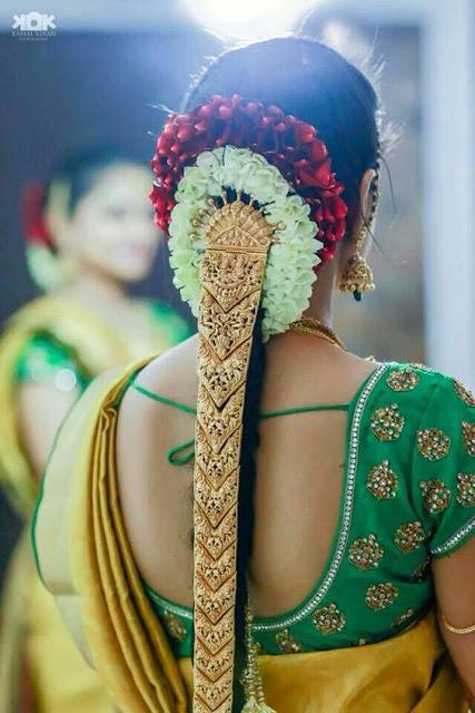 Simple and elegant golden veni for occasions! #traditionalflowers  #roundveni #goldveni #bridalfl… | Bridal hair buns, Hair style on saree,  Long hair wedding styles