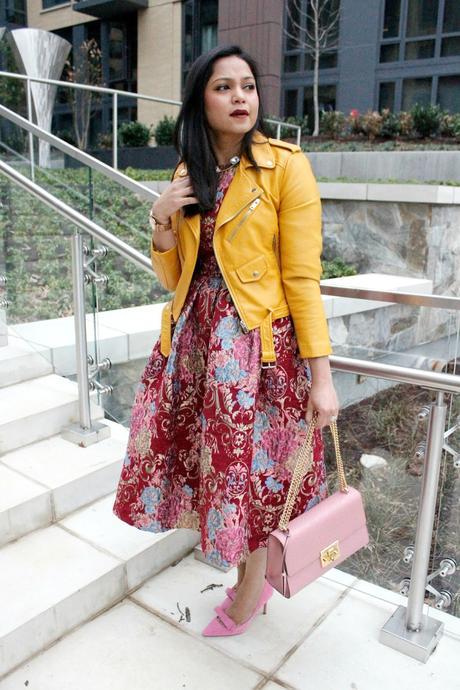 zara leather jacket, pink bow pumps, dressy style, vintage dress, gucci pink bag 