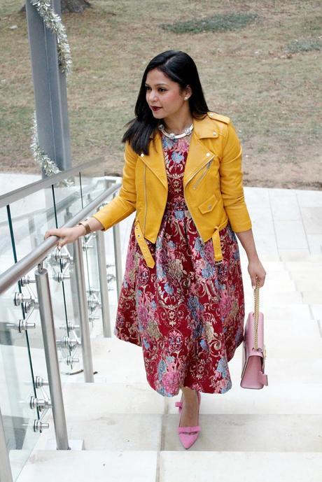 zara leather jacket, pink bow pumps, dressy style, vintage dress, gucci pink bag 