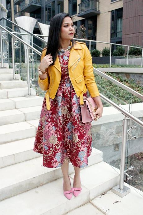 zara leather jacket, pink bow pumps, dressy style, vintage dress, gucci pink bag 