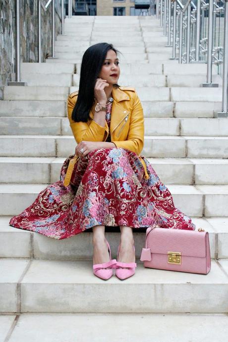 zara leather jacket, pink bow pumps, dressy style, vintage dress, gucci pink bag 