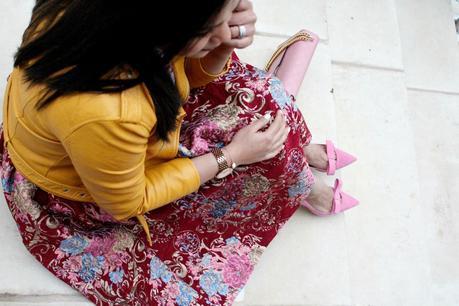 zara leather jacket, pink bow pumps, dressy style, vintage dress, gucci pink bag 