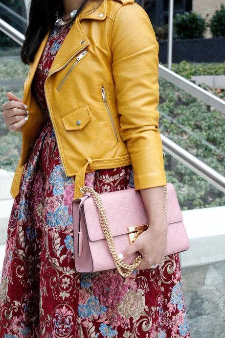 zara leather jacket, pink bow pumps, dressy style, vintage dress, gucci pink bag 