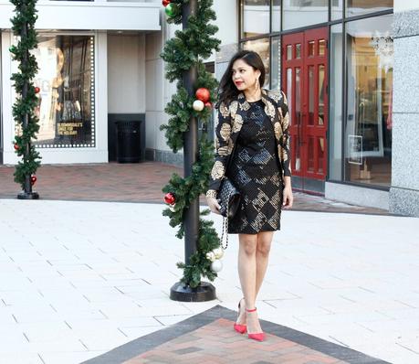 sequin. brocade, red heels, chanel bag 