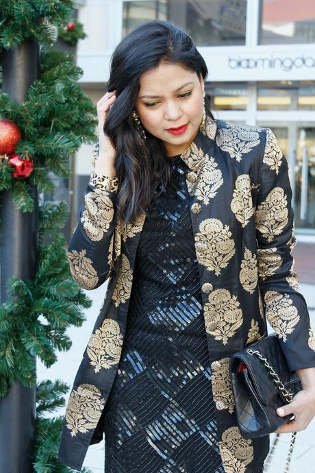 sequin. brocade, red heels, chanel bag 