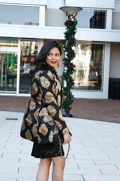 sequin. brocade, red heels, chanel bag 