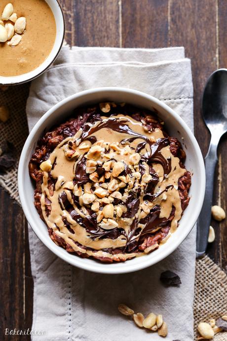 This Chocolate Peanut Butter Oatmeal tastes like a peanut butter cup, but it's sweetened with just a ripe banana! You'll love to wake up to this gluten-free, refined sugar-free + vegan breakfast.