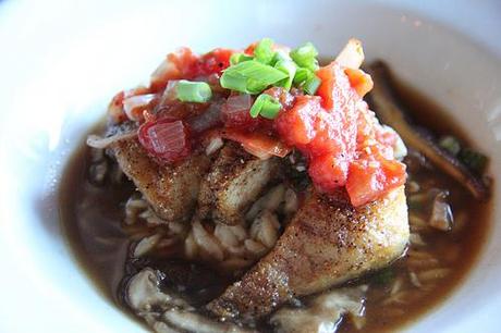 Maple Glazed Pan Seared Tripletail with Tomato Relish in a Mushroom Broth