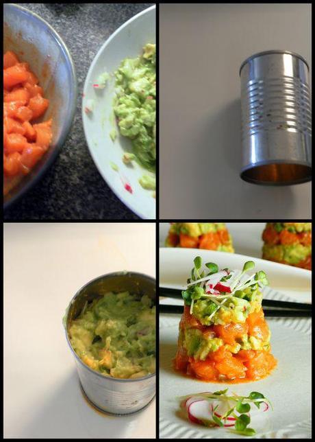 Salmon Ceviche tower assembly collage