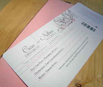 Boarding Pass Save the Date: Pink and Grey