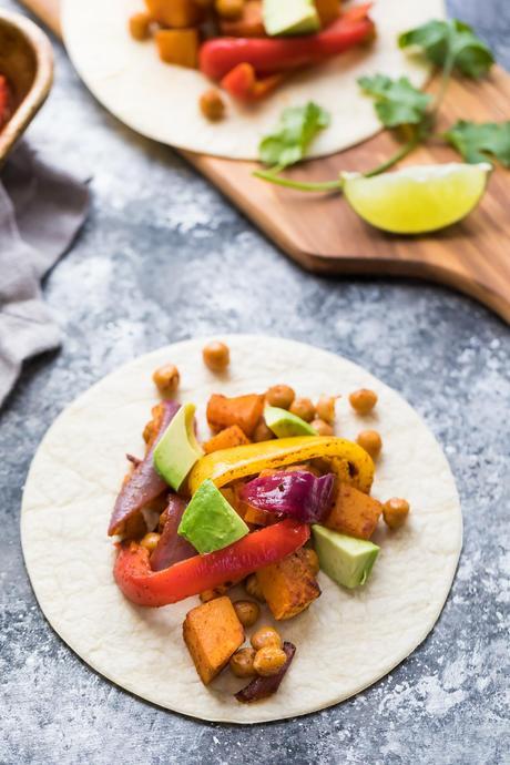 Make Ahead Chickpea Butternut Squash Fajitas.  Make these ahead and store in the fridge or freezer until you are ready to serve!  An awesome healthy dinner meal prep recipe.