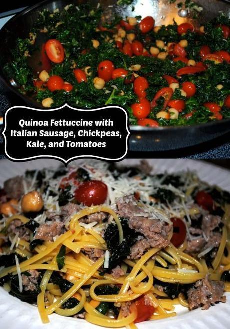 Quinoa Fettuccine with Italian Sausage, Chickpeas, Kale, and Tomatoes
