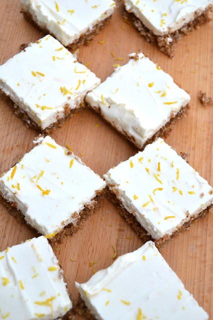 low sugar lemon bars made with zero % fat yoghurt, coconut oil, coconut sugar and stevia sweetener and real lemon juice and zest