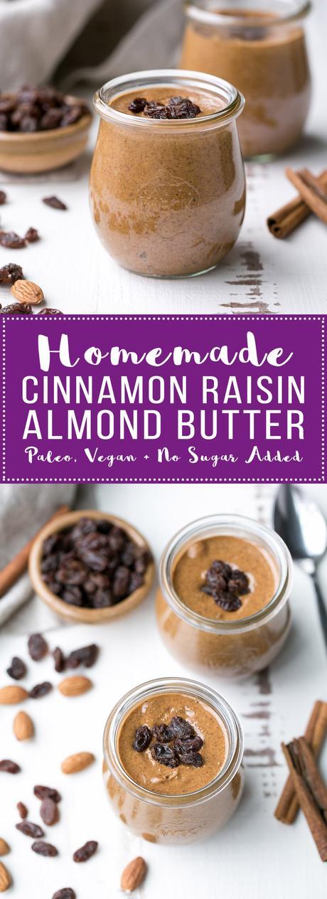 This homemade Cinnamon Raisin Almond Butter is smooth and creamy, with chewy bits of raisins in every spoonful! Spread it on apples, bananas, toast, or just enjoy it as is.