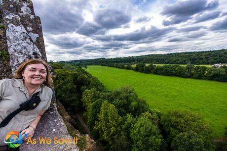 Linda on Blarney Castle ramparts with view of surrounding grounds