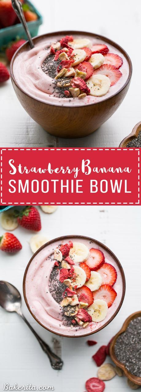 This easy Strawberry Banana Smoothie Bowl is a simple and sweet treat! It's a healthy Paleo + vegan breakfast or snack made with only a few ingredients, and you can add whichever toppings your heart desires to customize to your tastes.