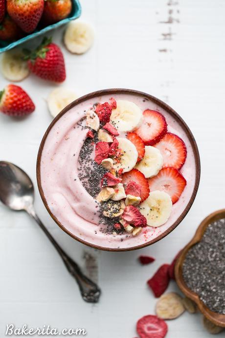 This easy Strawberry Banana Smoothie Bowl is a simple and sweet treat! It's a healthy Paleo + vegan breakfast or snack made with only a few ingredients, and you can add whichever toppings your heart desires to customize to your tastes.