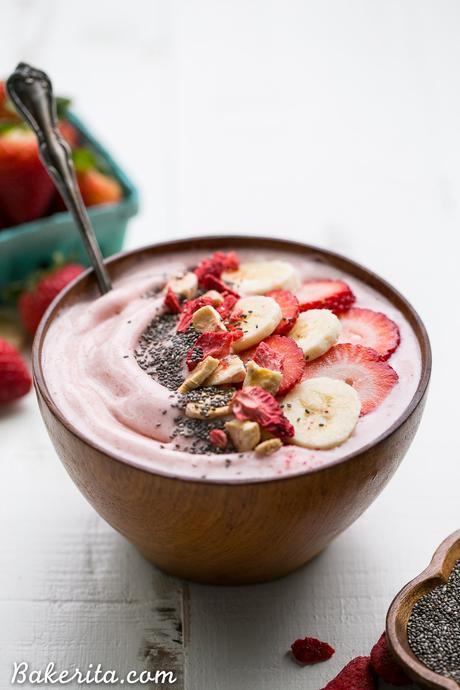 This easy Strawberry Banana Smoothie Bowl is a simple and sweet treat! It's a healthy Paleo + vegan breakfast or snack made with only a few ingredients, and you can add whichever toppings your heart desires to customize to your tastes.