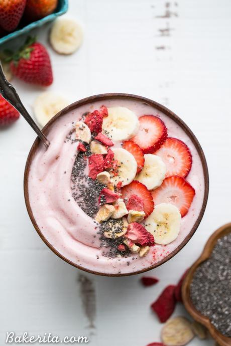 This easy Strawberry Banana Smoothie Bowl is a simple and sweet treat! It's a healthy Paleo + vegan breakfast or snack made with only a few ingredients, and you can add whichever toppings your heart desires to customize to your tastes.