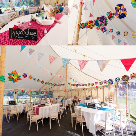 Rainbow coloured oragami wedding decorations Derwentwater Independent Hostel Wedding