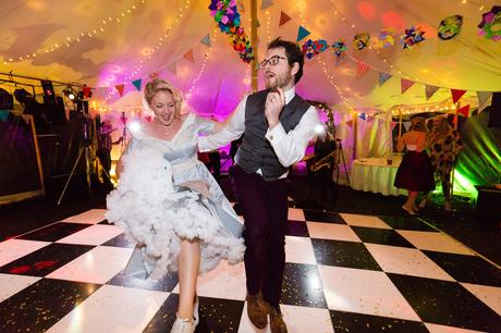 Dancing in blue wedding dress Derwentwater Independent Hostel Wedding